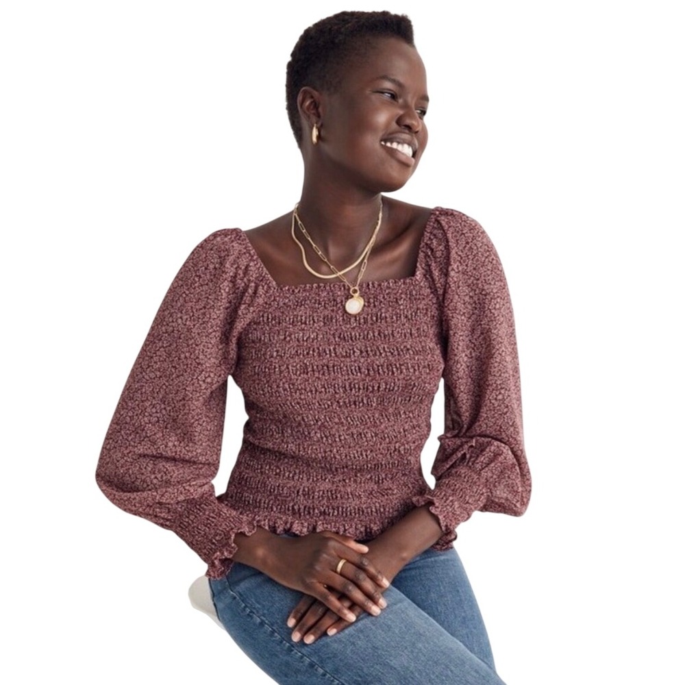 Madewell Burgundy Floral Smocked Square Neck Peplum Top Long Sleeve Size M